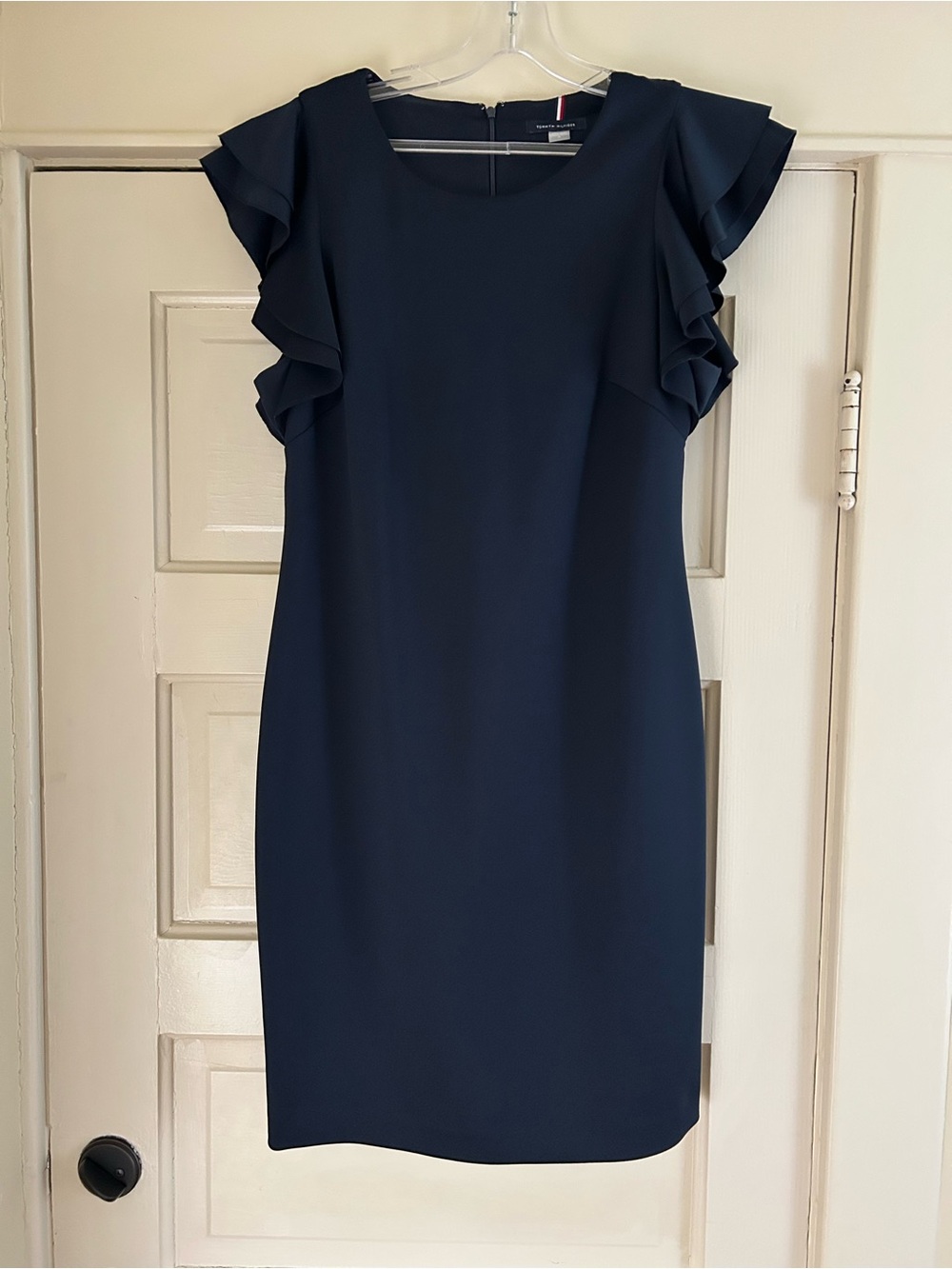 Tommy Hilfiger Navy Ruffle Sleeve Midi Sheath Dress